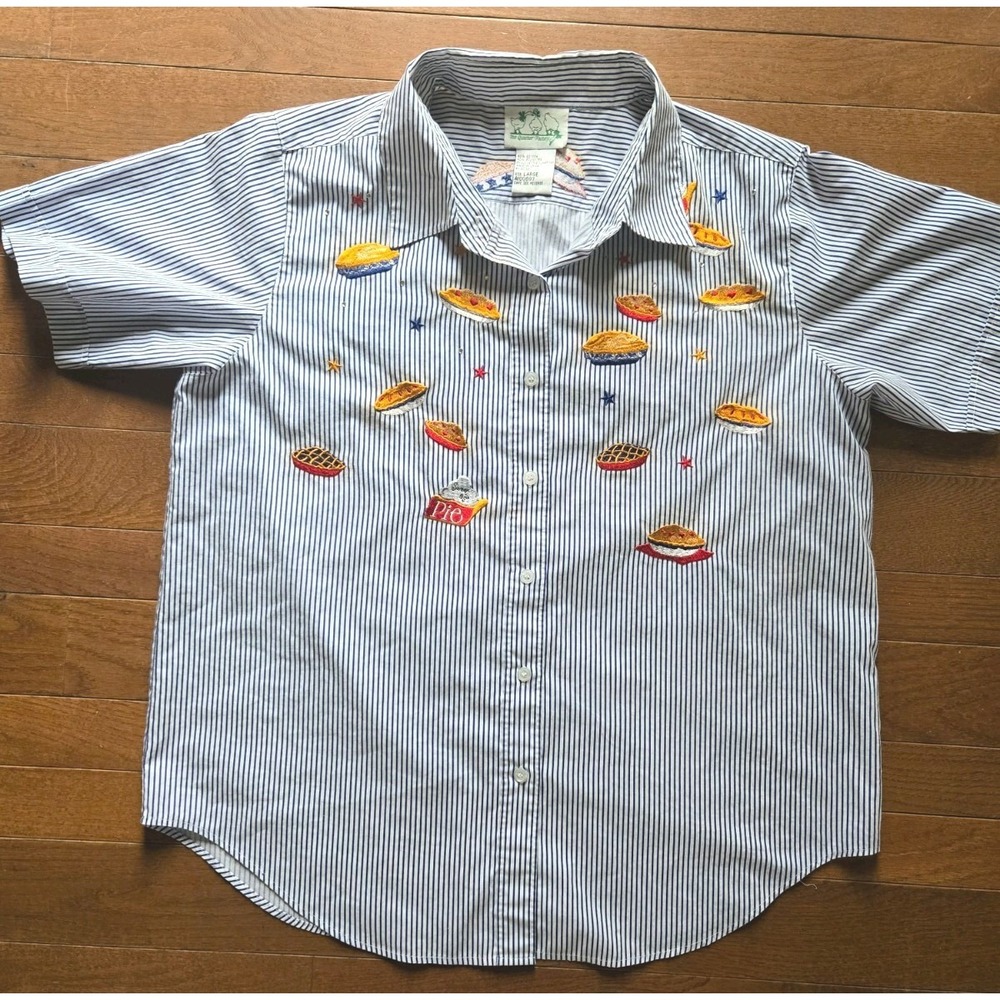 VTG The Quacker Factory Pie Pinstriped Button Up Size L Embroidered Pi Day Shirt